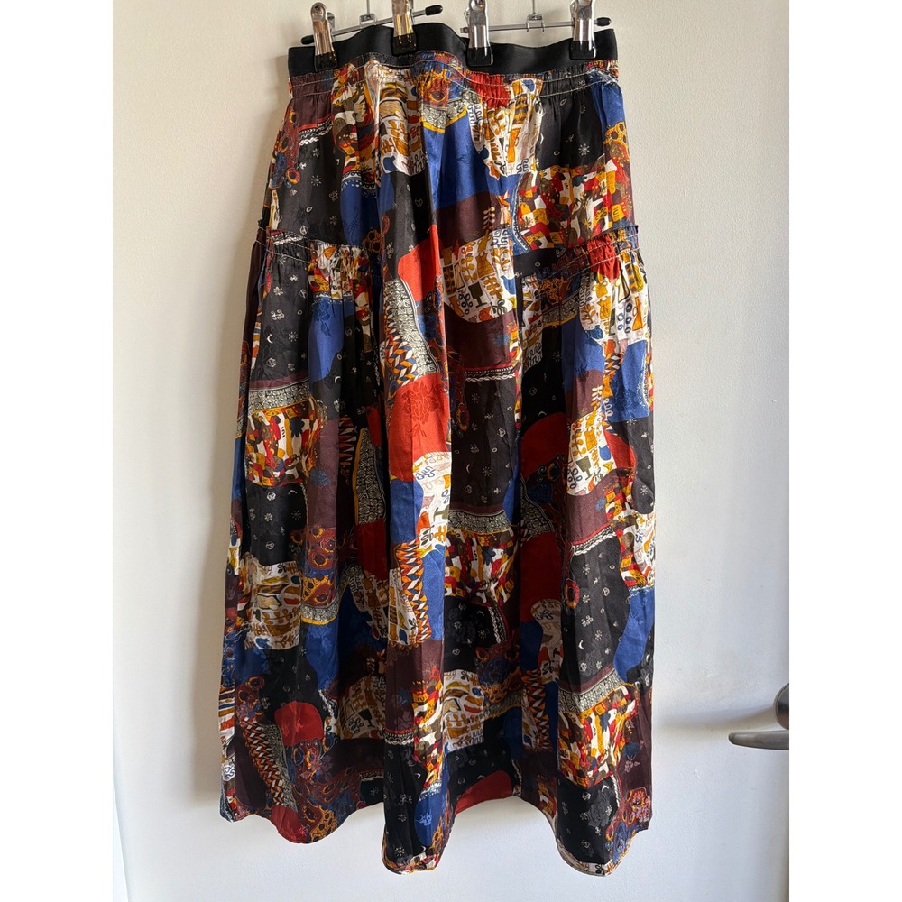 CCHER Patchwork Print Tiered Midi Skirt XS Elastic Waist Pockets Multicolor